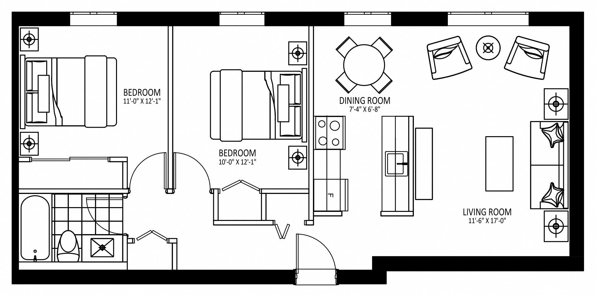 Floor plan for 2 beds, 1 bath, 731 sqft
